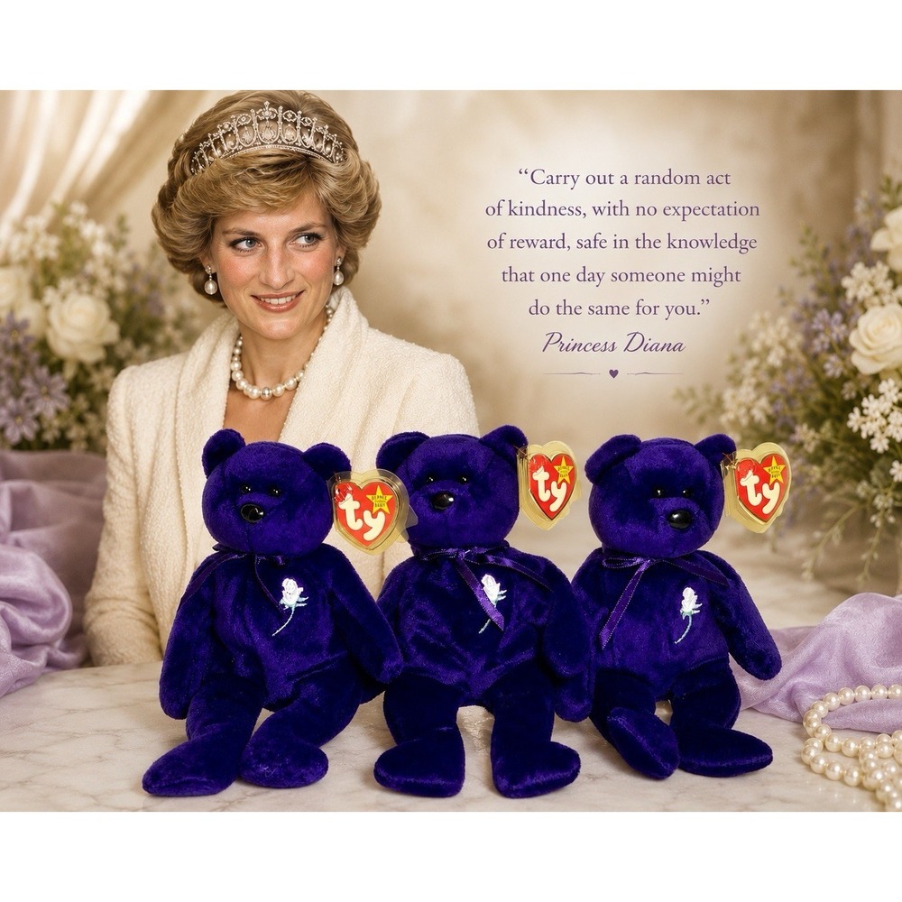 3 - All NEW TY Beanie Baby Princess Diana Bear‎ 1997 China 1st Edition Purple